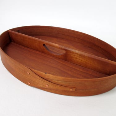 Handcrafted Divided Shaker Tray Cherry Wood Box with Handle Vintage Oval Bentwood Carrier Wooden Storage Bin Original Shaker Workshops USA 