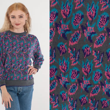90s Floral Sweater Grey Knit Pullover Sweater Bright Pink Blue Purple Flower Leaf Print Jumper Hippie Ringer Vintage 1990s Acrylic Small S 
