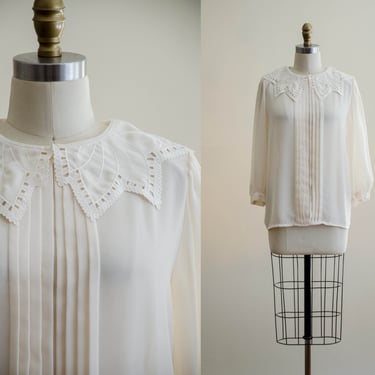 80s lace collar blouse | silky cream beige romantic dramatic collar vintage blouse 