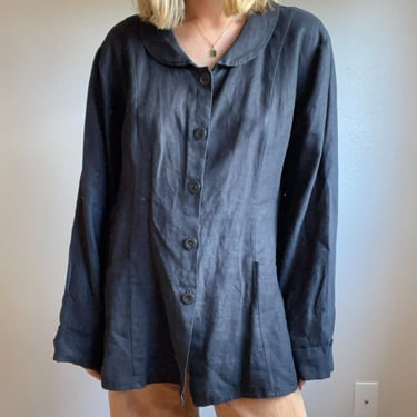 Flax Womens 100% Linen Black Tunic Lagenlook Oversized Long Sleeve Blouse Sz L 