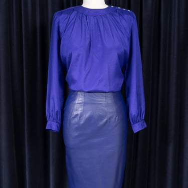 Gorgeous 80s Blue-Violet Genuine Leather Pencil Skirt by G. Londo 