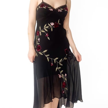 1990s Sue Wong Black Floral Slip Dress, sz. S