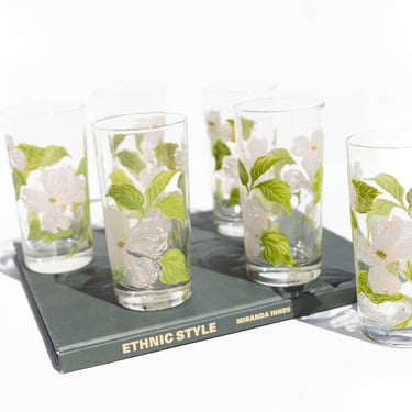 Set of 6 Vintage Floral Tumbler Glasses, Highball Cocktail Bar Cups, 12 oz Drinking Glasses, Vintage Glassware, Handblown Glasses 