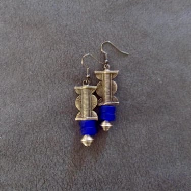 Bronze baule and blue frosted glass earrings 