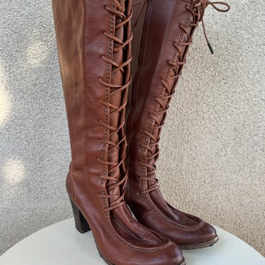 Vintage steampunk brown leather lace zipper tall heeled Frye boots mic toe Sz 10B 
