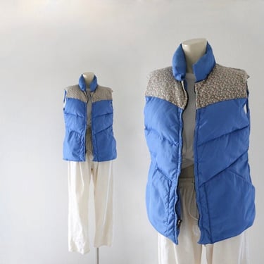 worrrn calico down puffer vest (see details) - m - vintage 70s 80s womens blue feather size medium winter feather vest 