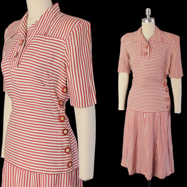 1930s Dress / 30s Two Piece Skirt and Blouse Sportswear Set / Red Candy Striper 