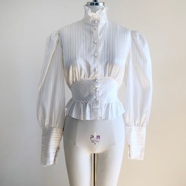Striped Puff-Sleeve Satin Blouse with Corseted Waist - 1970s 
