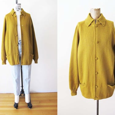 Vintage 60s Mustard Yellow Cardigan Jacket M  - 1960s Oleg Cassini Wool Knit Collared Womens Button Up Sweater 