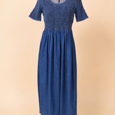 USA-made Short Sleeve Smocked Chambray Cotton Maxi Dress by Attaché, L