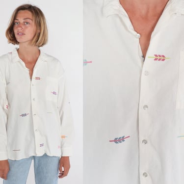 White Embroidered Shirt 90s Cotton Button Up Long Sleeve Shirt Southwestern Chevron Arrow Collared Retro Oxford Top Vintage 1990s Large L 