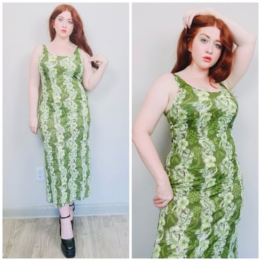 Y2K Moss Green Hibiscus Wiggle Dress / Vintage Knit Hawaiian Floral Spandex Tank Dress / Large - XL 