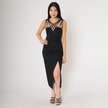 90s Black Party Dress Beaded Cage Neckline Strappy High Slit Bodycon Dress Criss-Cross Sexy Midi Cocktail Formal Vintage Extra Small xs 