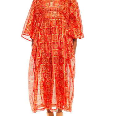 Morphew Collection Red  Gold Polyester Geometric Kaftan Made From Vintage Saris 