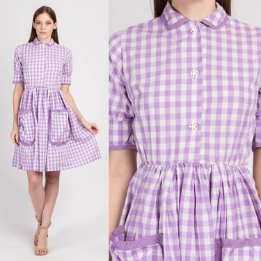Vintage 1940s Purple Gingham Checkered Day Dress - Petite XS | 40s 50s Fit & Flare Boho Cotton Mini Dress 