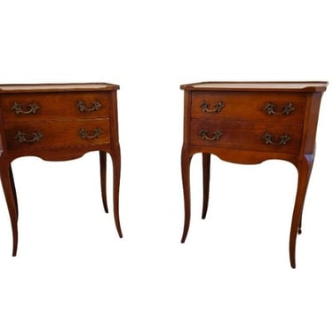 Antique French Country Louis XV Style Fruitwood Two Drawer Nightstand End Table Pair 