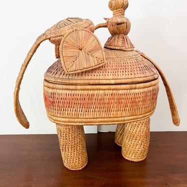 Vintage Woven Elephant Lidded Basket from Bangladesh.  Vintage South Asian Decor. 