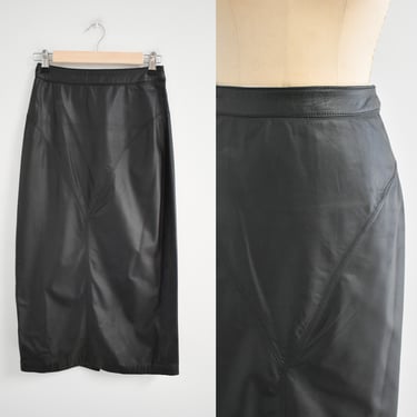 1980s Black Leather Long Pencil Skirt 