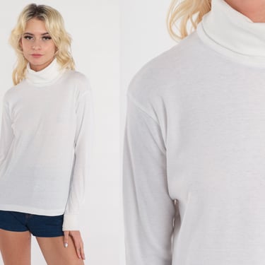 White Turtleneck Shirt 80s Semi-Sheer Long Sleeve Shirt Pullover Top Retro Turtle Neck Simple Plain Cotton Vintage 1980s Medium 