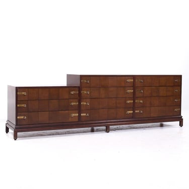 Johnson Furniture Mid Century Walnut and Brass Long Lowboy Dresser - mcm 