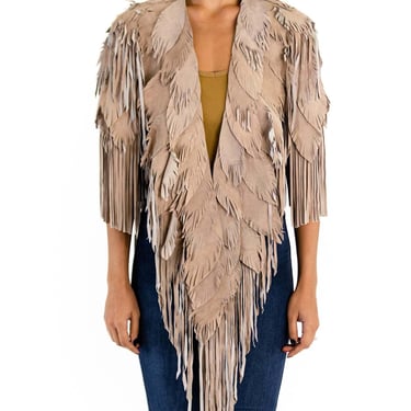 Morphew Collection Sand Piper Suede Fringe Feather Leather Long Cape 