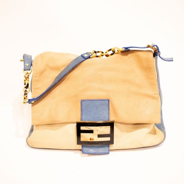 Vintage FENDI Cobalt + Nude Leather Mama Forever Large Flap Bag with Tortoise + Gold Hardware Shoulder Bag Purse FF 