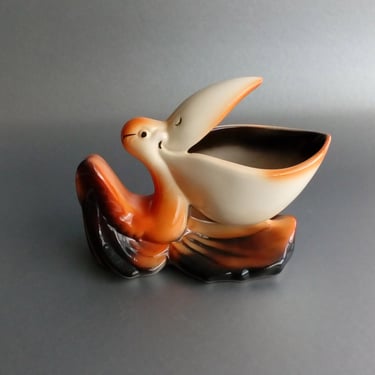 McCoy glazed ceramic PELICAN planter Vintage Bird dresser caddy Cottagecore decor 