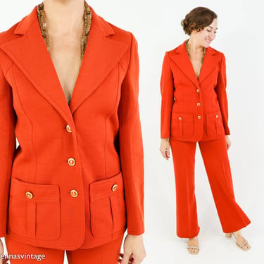 1970s Orange Pantsuit | 70s Orange Knit Pantsuit | Butte Knit | Medium 