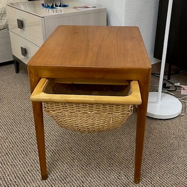 Sewing Table with Basket<br />Teak VEneer<br />Circa 1950’s<br />W 23 x D 17 x H 21