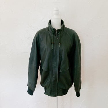 80s Dark Forest Green Genuine Leather Paneled Jacket | Large/Extra Large 