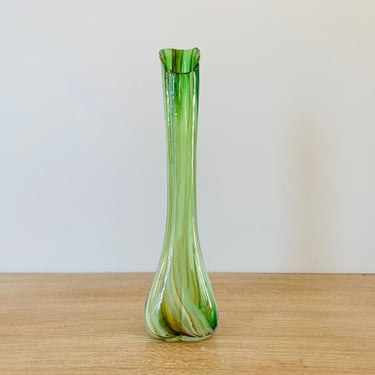 Mid Century Green Hand Blown Glass Vase Made in Japan 