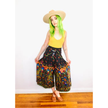 Capri Pants // vintage black boho hippie hippy palazzo dress trouser trousers floral high waist // XS/S 
