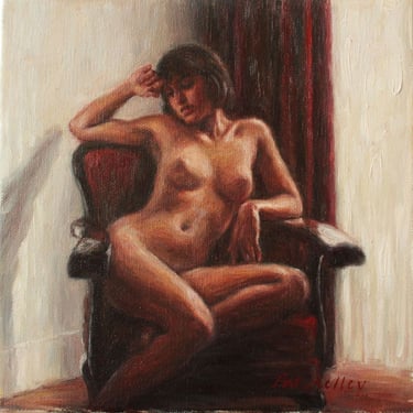 Nude in a Red Chair. Archival Art Print from Original Oil Painting by Pat Kelley. Vintage Style. Female Figurative Art. Romantic, Nostalgic 