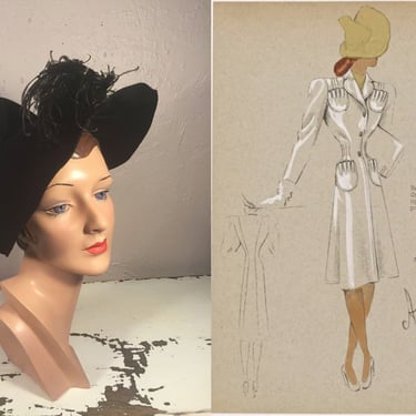 Big CIty Power Look - Vintage 1940s Louise Black Wool Felt Peaked Tyrolean Wide Brim Fedora w/Feather 