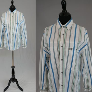 80s 90s Men's Striped Shirt - Pacific Coast Highway PCH - White Blue Gray Yellow - Long Sleeve - 1980s 1990s - S 