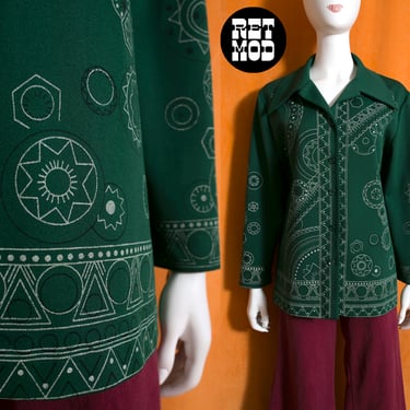 Cool Vintage 60s 70s Dark Green Border Print Long Sleeve Collared Shirt 