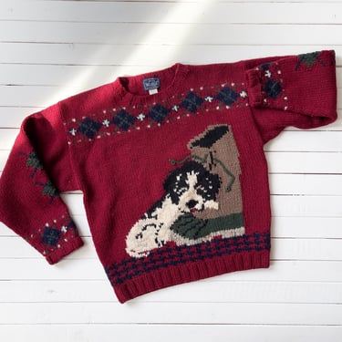 red wool sweater 80s 90s vintage Woolrich puppy dog embroidered novelty sweater 