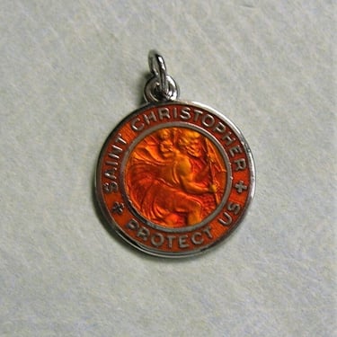 Vintage Sterling Burnt Orange Enamel Saint Christopher Pendant, Old Sterling Silver and Enamel St. Christopher Medal (#4230) 