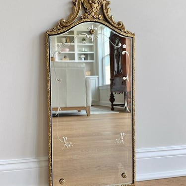 NEW - Vintage Gold Gilded Mirror, French Style Mirror with Original Etchings, Solid Wood Frame, Antique Gilt Mirror with Beveled Glass 