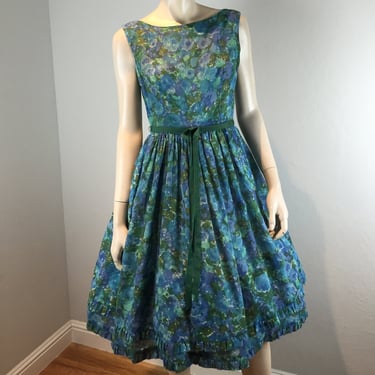 Dressed For Shopping - Vintage 1950s 1960s Cotton Blue & Green Floral Lightweight Dress - 2/4 