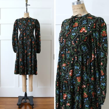 vintage 1970s black floral dress • empire waist romantic boho dress with tiered skirt 
