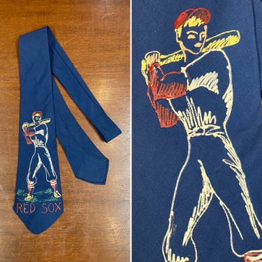 Vintage 1930’s Hand Painted Red Sox Baseball Player Neck Tie, Cravat, Hand Painted, 1930’s Tie, 1940’s Tie, Swing Tie, Red Sox, VOH1010 