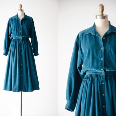 blue corduroy dress | 80s 90s vintage Eddie Bauer teal green fit and flare shirtwaist midi dress 