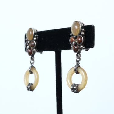 vintage sterling silver clip-on earrings • light yellow-green & red jasper natural stone drop dangle earrings 