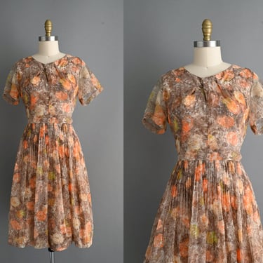 1950s vintage dress | Chiffon Orange & Brown Dress | Large XL | 