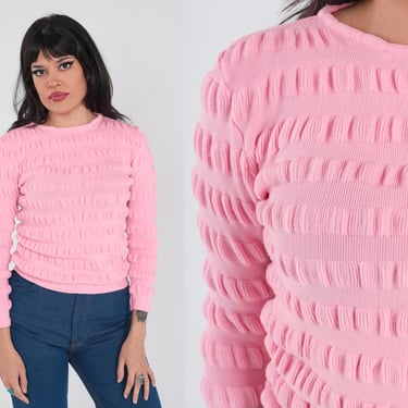 Bubblegum Pink Top 70s Textured Knit Pullover Sweater Retro Simple Basic Crewneck Popcorn Knitwear Vintage 1970s Extra Small XS S 