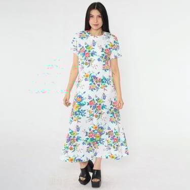 Vintage 80s Floral Dress White Drop Waist Midi Dress 1980s Short Sleeve Full Skirt Bright Casual Summer Dress Pullover Medium M 