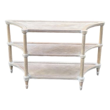 Ethan Allen Bleached Mahogany Blonde Cerused Wood and Rattan Tiered Console Table - Newly Refinished 