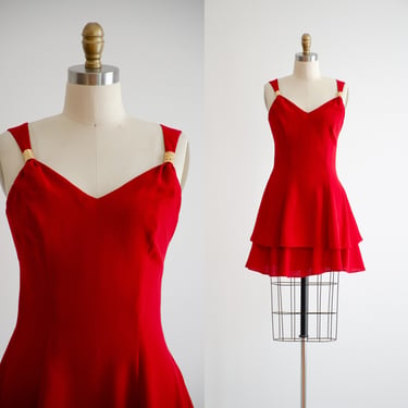 red mini dress 90s y2k vintage Rampage rhinestone tiered ruffled cocktail party dress 
