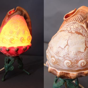 Antique Italian Hand Carved Conch Hermit Shell Cameo Lamp 